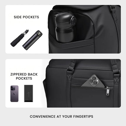 caveri marlowe Black backpack with side pockets and zipped back pocket, featuring a thermos and phone.