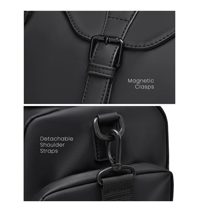caveri marlowe Black bag with magnetic clasps and detachable shoulder straps on a white background