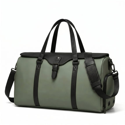caveri marlowe Green duffel bag with black straps on a white background