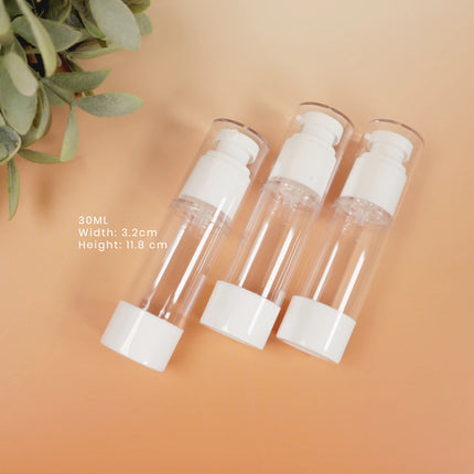 Caveri 3-pack 30ml clear airless pump travel bottles with white caps, 3.2cm wide and 11.8cm tall