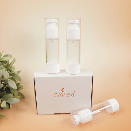 Caveri 3-pack 30ml vacuum pump travel bottles with white gift box on warm beige background