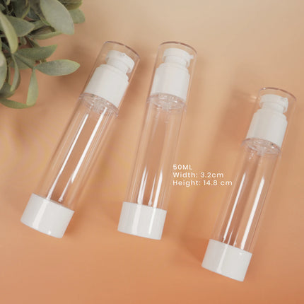 Caveri 3-pack 50ml clear airless pump travel bottles with white caps, 3.2cm wide and 14.8cm tall
