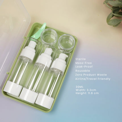 Caveri 6-piece travel bottle set with pump bottles and cream jars in sage green carry case, 30ml airline-approved