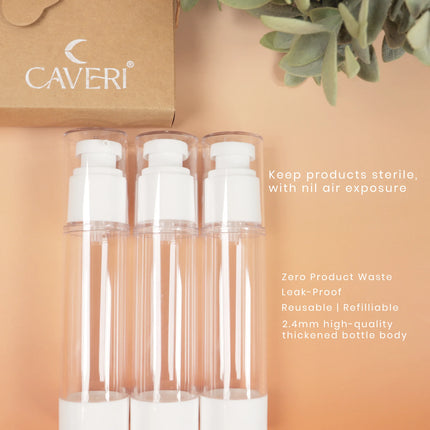 Caveri set of three clear airless pump travel bottles, leak-proof and reusable for toiletries