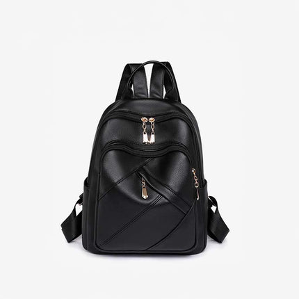Caveri Ariel 002 black faux leather backpack with gold zip pulls and quilted panel detail, front view