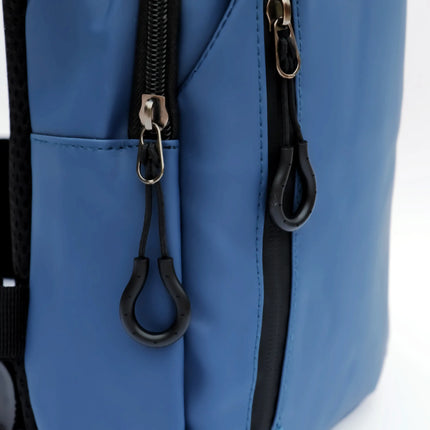 Caveri day bag in steel blue with black zip pullers and rubberised loop zipper detail