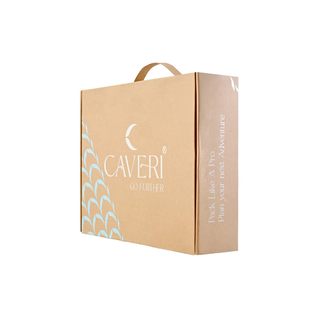 Caveri branded kraft gift box with carry handle and teal leaf print, angled view