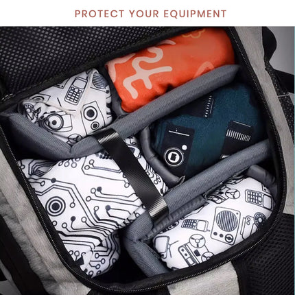 Caveri Grip Wrap 008 wrapping camera gear inside a padded travel bag compartment