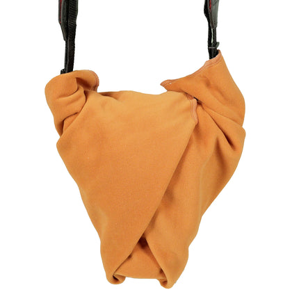 Caveri grip wrap in amber orange with adjustable black strap, shown loosely draped