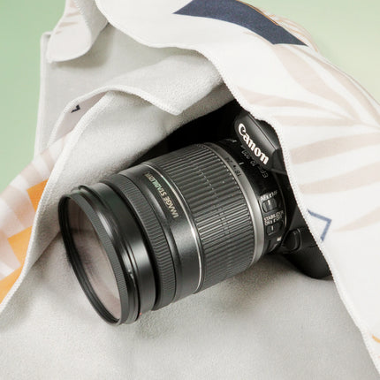 Caveri grip wrap protecting a Canon DSLR camera, showing soft microfibre inner lining and patterned outer fabric