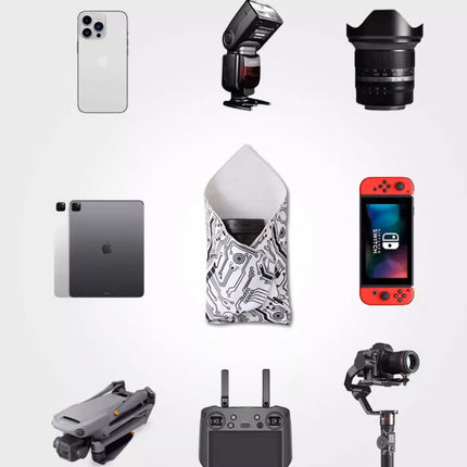 Caveri Grip Wrap circuit print protective wrap surrounded by tech gear including drone, camera lens and tablet
