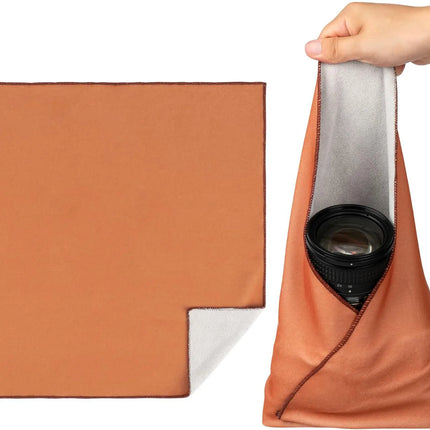 Caveri grip wrap in terracotta wrapping a camera lens, shown flat and folded as protective pouch
