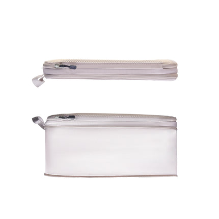 Caveri large compression packing cube in stone showing flat and expanded views with mesh top panel