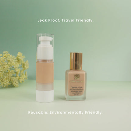 Caveri leak-proof vacuum pump travel bottle next to Estée Lauder foundation, showing reusable toiletry decant size