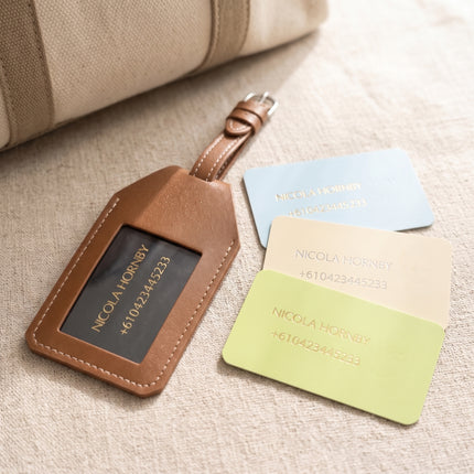 Caveri luggage tag with personalised ID cards in baby blue, buttercream and lime