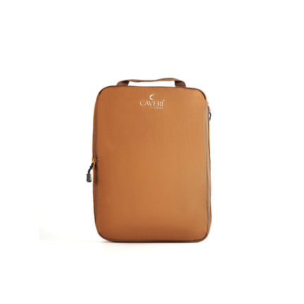 Caveri medium packing cube in tan with top carry handle and zip closure, front view