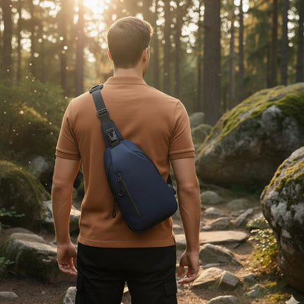 Man wearing Caveri navy sling bag on a forest trail, showing adjustable crossbody strap and zip pocket