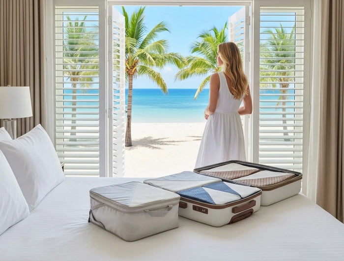 Caveri packing cubes organised in open suitcase on hotel bed with tropical beach view