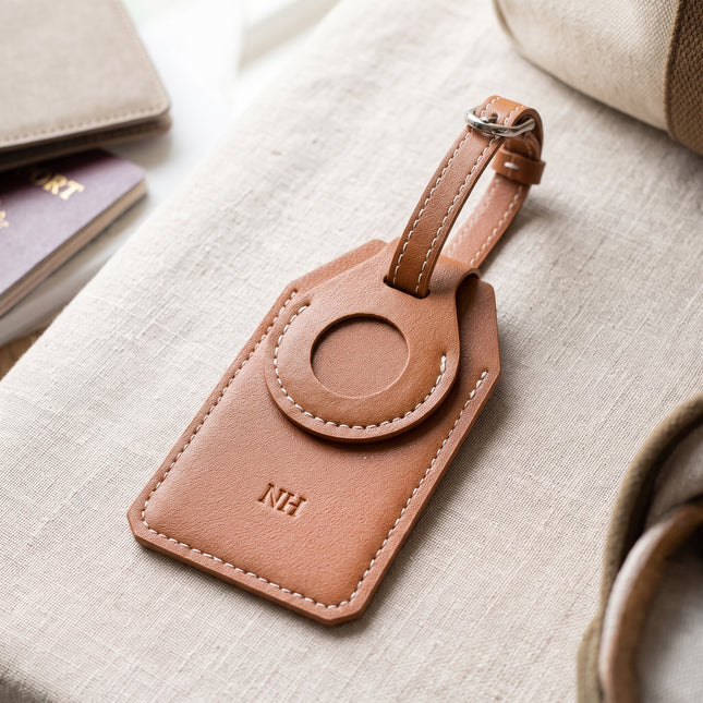 Caveri personalised luggage tag in Brown with AirTag pocket and monogram