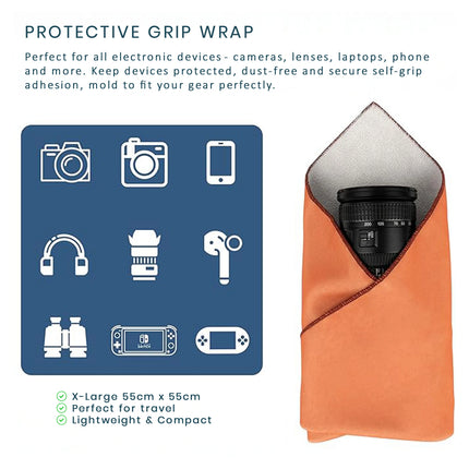 Caveri protective grip wrap in orange wrapping a camera lens, 55x55cm self-grip travel accessory