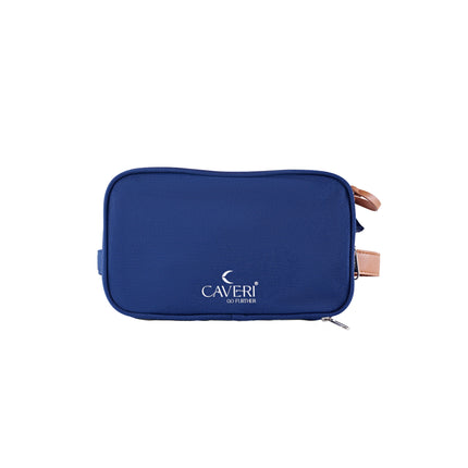 Caveri toiletry bag in ink navy with tan leather zip pulls, front view