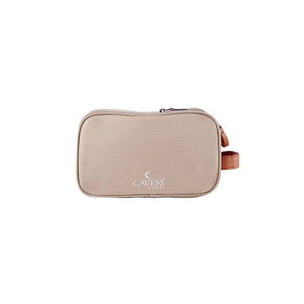Caveri toiletry bag in sand with tan leather zip pull, front view