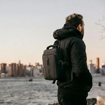 Man wearing Caveri Tony 011 day bag in charcoal, overlooking city waterfront at dusk