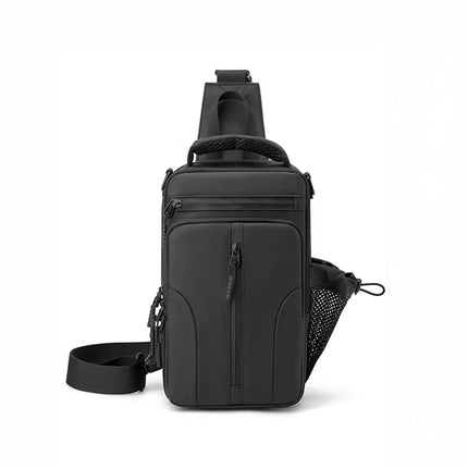 Caveri Tony crossbody sling bag in black with mesh side pocket and multi-zip front pockets