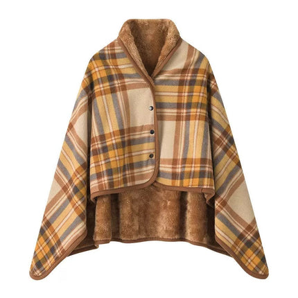 Caveri plaid and sherpa travel wrap in Camel