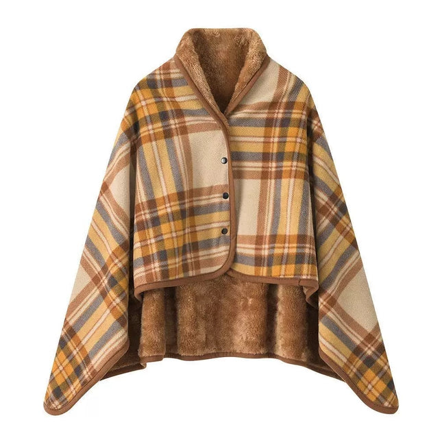 Caveri plaid and sherpa travel wrap in Camel