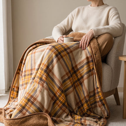 Caveri travel wrap in Camel as a lap blanket