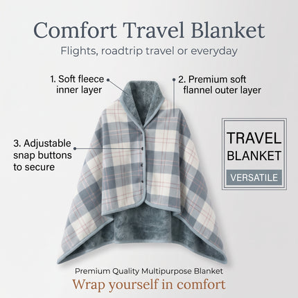 Caveri travel blanket wrap - fleece inner, flannel outer and snap buttons