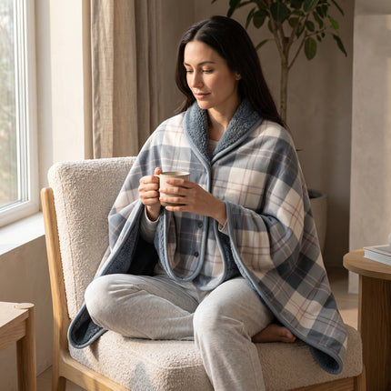 Caveri travel wrap in Pale Blue, worn as a blanket