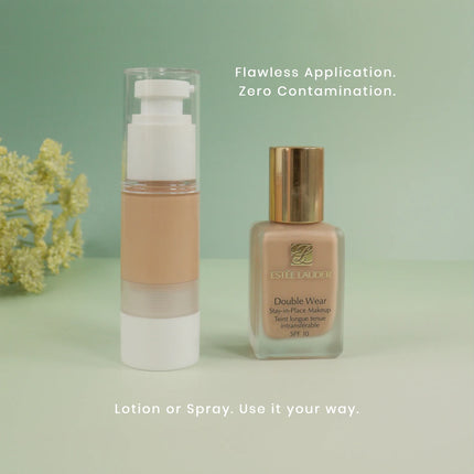 Caveri vacuum pump travel bottle filled with foundation next to Estée Lauder Double Wear, showing leak-free transfer