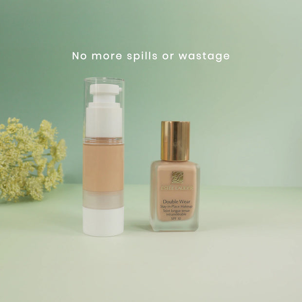 Caveri travel pump bottle filled with foundation beside Estée Lauder bottle — spill-free liquid transfer