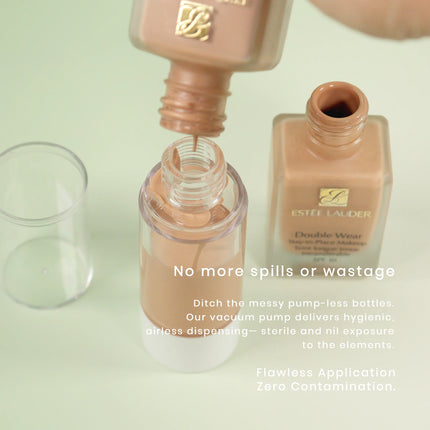 Caveri vacuum pump travel bottle being filled with Estée Lauder foundation — no spills, airless dispensing