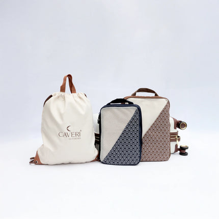 Caveri weekend travel set with drawstring bag, packing cube and hardcase luggage in cream and tan