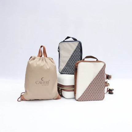 Caveri weekend travel set with drawstring bag, two packing cubes and carry-on luggage in neutral tones