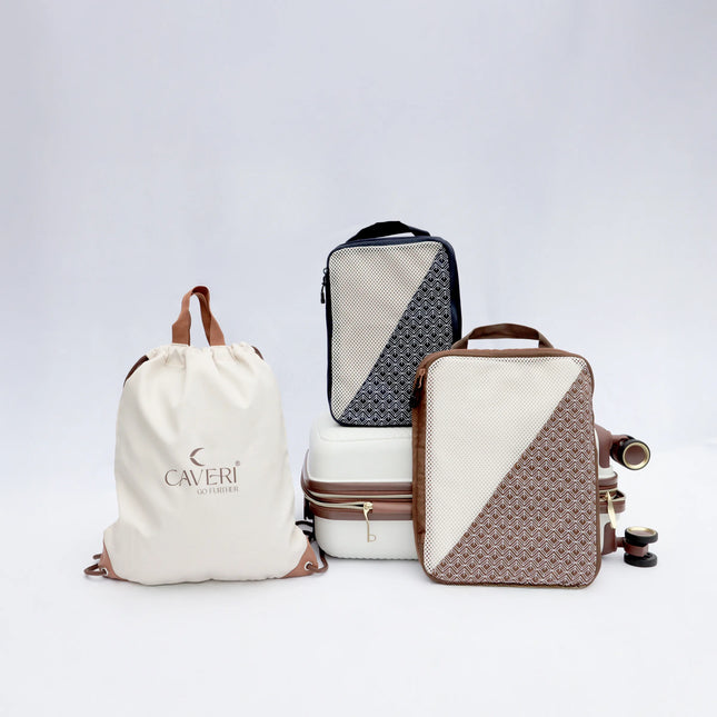 Caveri weekend travel set with drawstring bag, two packing cubes and hard case luggage in cream and tan