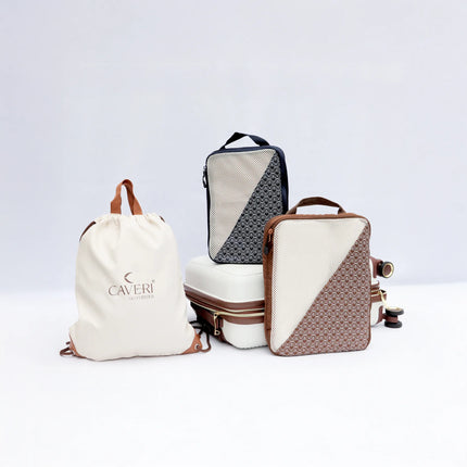 Caveri weekend travel set with drawstring bag, two packing cubes and hard-shell luggage in cream and tan