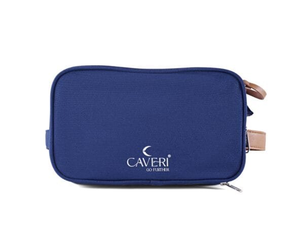 Caveri’s ink blue toiletry bag with sleek silhouette and durable zippers