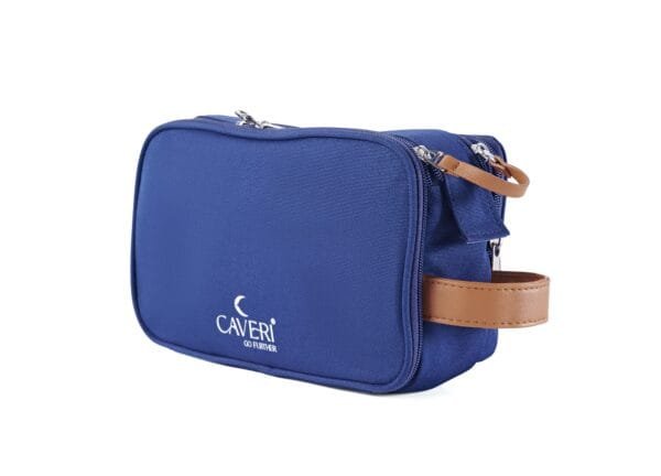 Caveri’s ink blue toiletry bag with sleek silhouette and durable zippers
