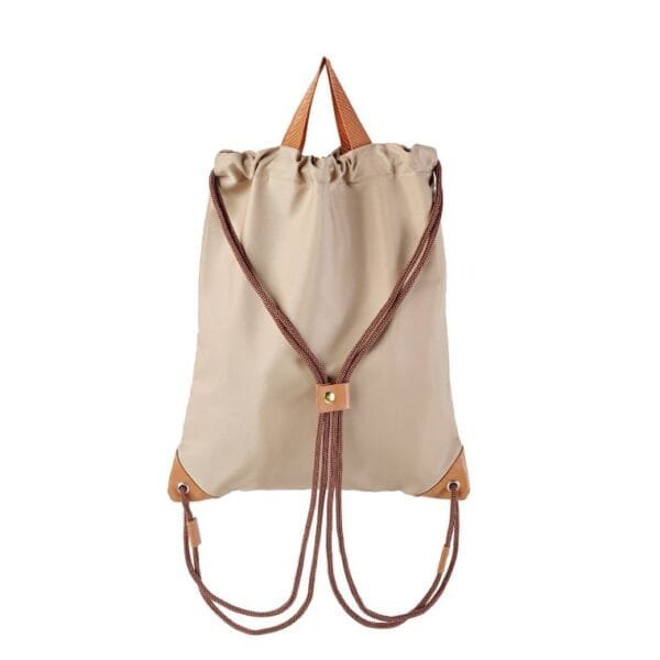 Back view of mocha Eco-friendly drawstring day bag with adjustable straps, durable recycled fabric, and spacious compartments for gym essentials or travel gear.