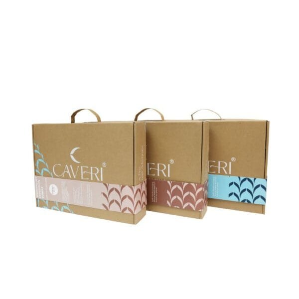 Caveri's sustainable travel bundles: Nomad Essentials Kit (compression cubes + toiletry pouch), Weekend Getaway Bundle (Eco Cube + drawstring bag), and Wanderlust Expedition Collection (4 cubes + premium accessories). All made with sustainable recycled materials and YKK zippers.